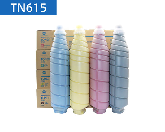 Konica Minolta TN615 original Asia version four color toner cartridges placed in front of the packaging box.